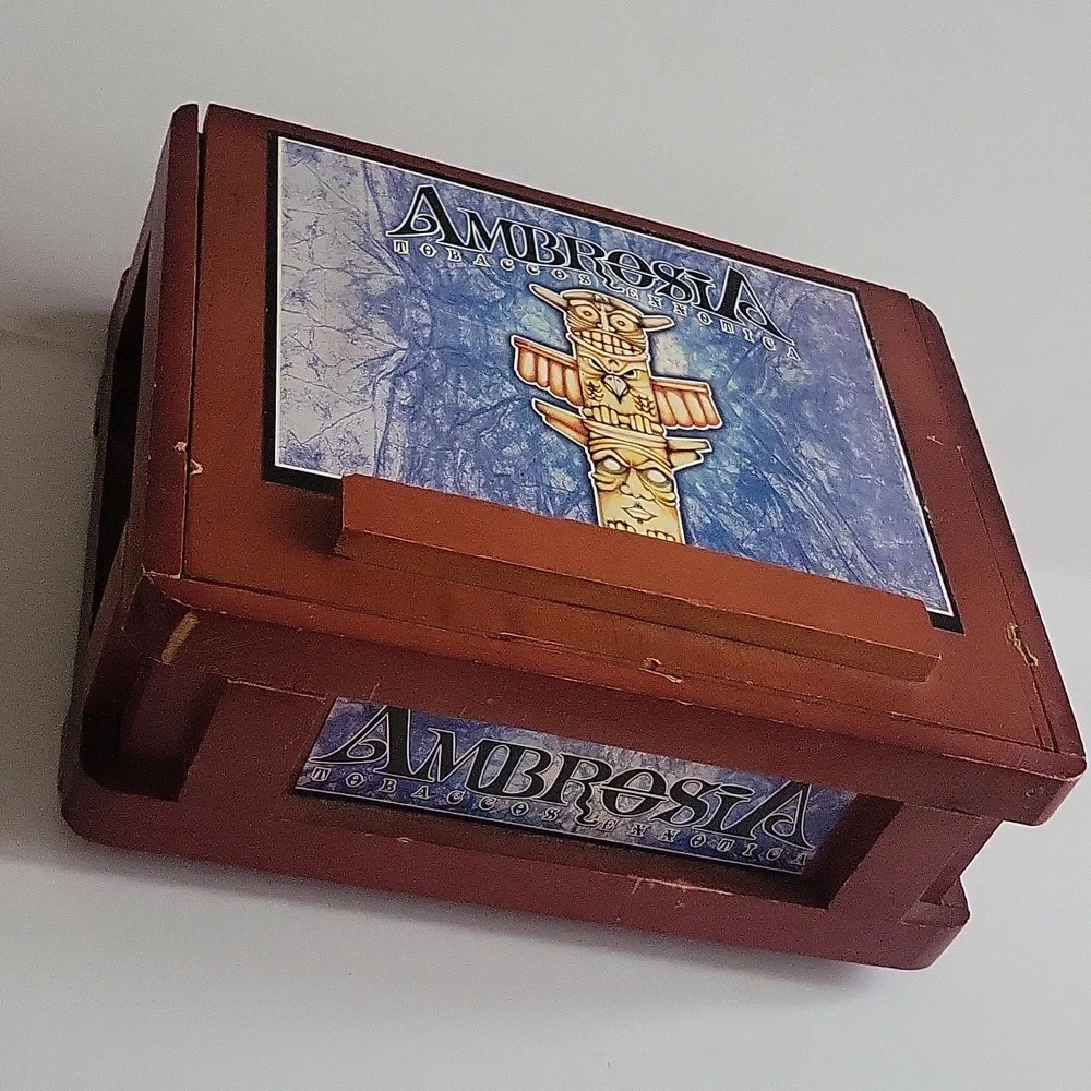 Wood Ambrosia Tobaccos Exxotica EMPTY Cigar Lift Lid Box Tiki Design